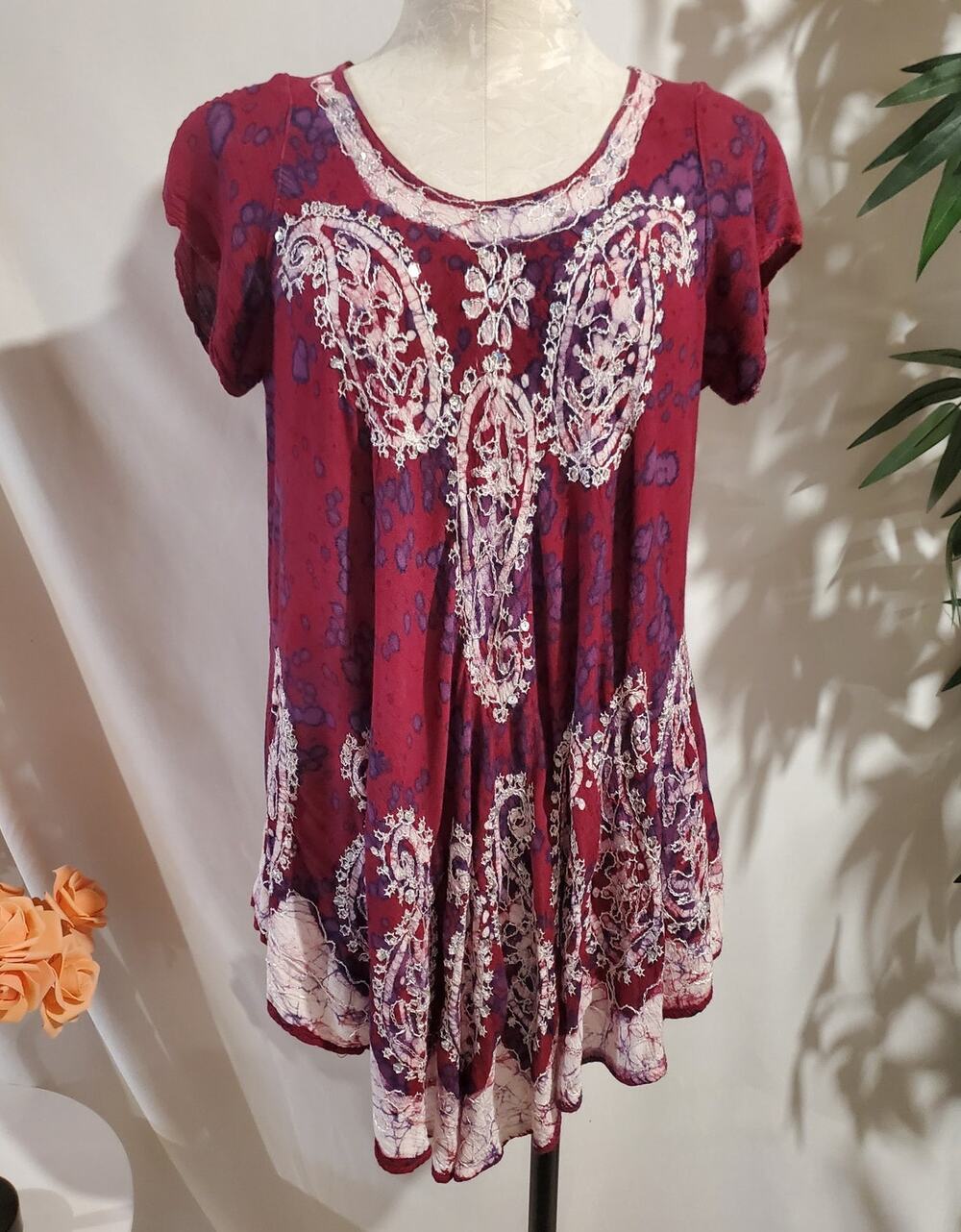 Ace Fashion Paisley Sequin Batik Dye Asymmetrical Tunic Top Size XL Hippie Boho